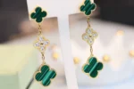 CLOVER EARRINGS GOLD MALACHITE DIAMOND 3 MOTIF - Image 2