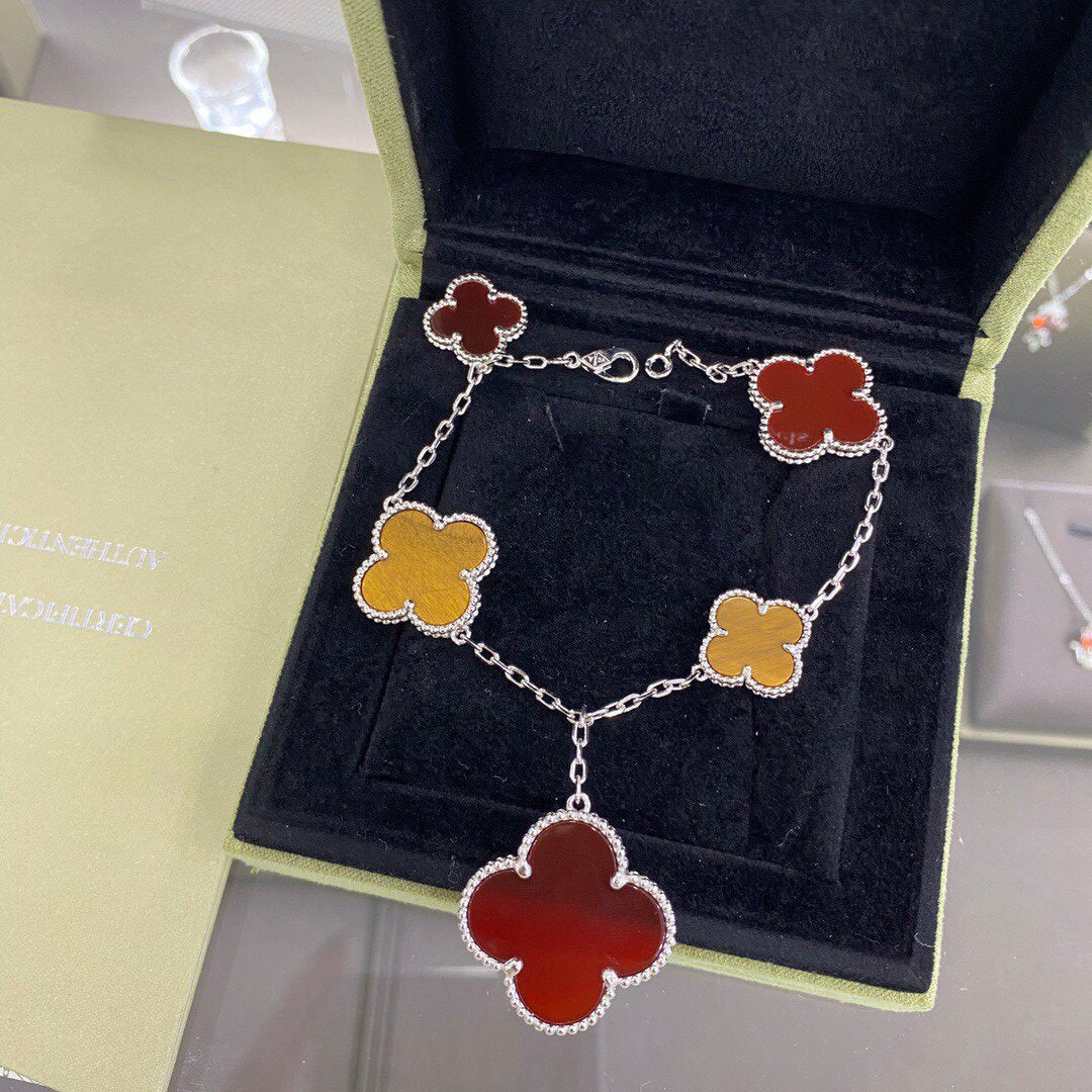 13309428281255984_8e1dc6d6-f175-42f2-abaa-604bc507b9e1 CLOVER 5 MOTIFS SIVLER CARNELIAN TIGER EYE BRACELET - Image 1