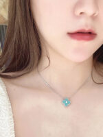 CLOVER 1 DIAMOND LIGHT BLUE SILVER NECKLACE - Image 3