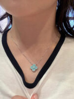 CLOVER 1 DIAMOND LIGHT BLUE SILVER NECKLACE - Image 4