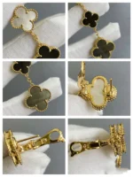 CLOVER 3 MOTIF MOP ONYX DARK MOP PINK GOLD EARRINGS - Image 7