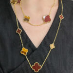 CLOVER 16 MOTIF CARNELIAN TIGER EYE ROSE GOLD NECKLACE - Image 2