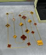 CLOVER 16 MOTIF CARNELIAN TIGER EYE ROSE GOLD NECKLACE - Image 4