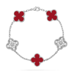 CLOVER 5 MOTIF RED CORNELIAN BRACELET COLLECTION - Silver, Diamond