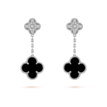 CLOVER 2 MOTIFS DIAMOND ONYX EARRINGS SILVER