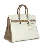Hermès Special Order (HSS) Birkin 25 White and Etoupe Clemence Brushed Gold Hardware - Image 2