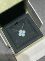 CLOVER 1 DIAMOND LIGHT BLUE SILVER NECKLACE - Image 6