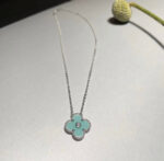 CLOVER 1 DIAMOND LIGHT BLUE SILVER NECKLACE - Image 7