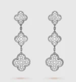 CLOVER 3 MOTIF DIAMOND SILVER DROP EARRINGS