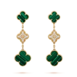 CLOVER EARRINGS GOLD MALACHITE DIAMOND 3 MOTIF
