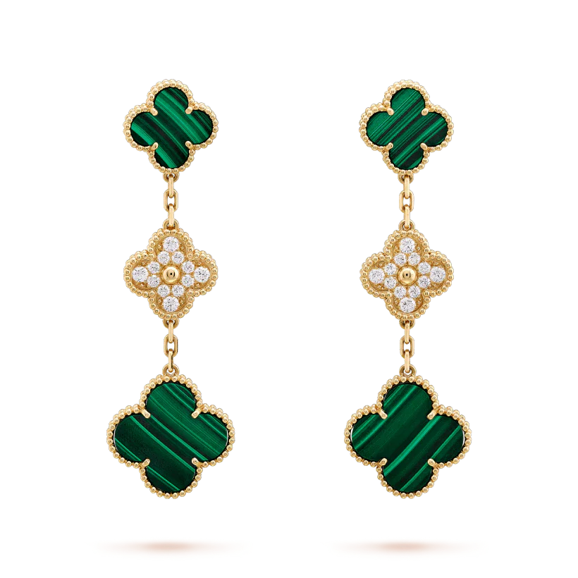 tai4.1 CLOVER EARRINGS GOLD MALACHITE DIAMOND 3 MOTIF - Image 1