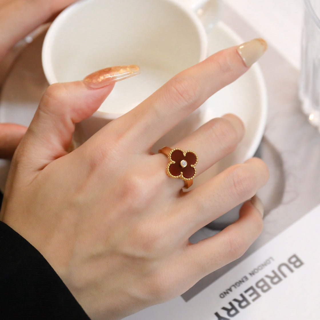 13334301388520128_dc312281-c6f6-435f-b3d7-3d3edd69e47d.jpg CLOVER CARNELIAN RING ROSE GOLD DIAMOND - Image 1