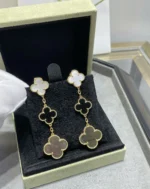 CLOVER 3 MOTIF MOP ONYX DARK MOP PINK GOLD EARRINGS - Image 3