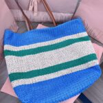 TOTE BAG 40 IN STRIPED PATTERN OF BLUE GREEN AND CREAM WHITE WOVEN RAFFIA - Image 7