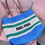 TOTE BAG 40 IN STRIPED PATTERN OF BLUE GREEN AND CREAM WHITE WOVEN RAFFIA - Image 16