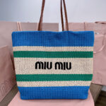 TOTE BAG 40 IN STRIPED PATTERN OF BLUE GREEN AND CREAM WHITE WOVEN RAFFIA - Image 9