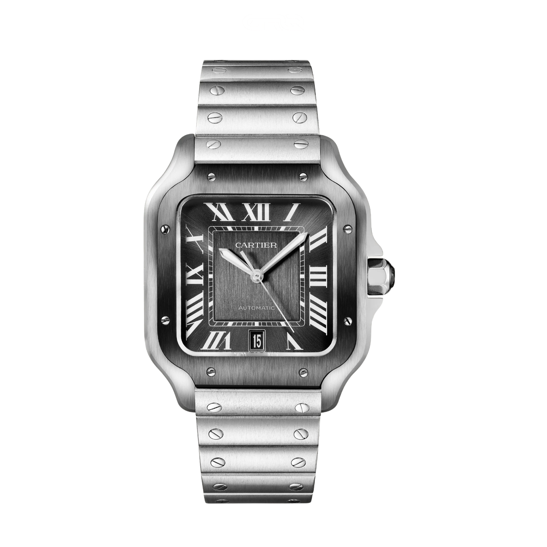Cartier-Watch-Santos-de-Cartier-Silver_Black-Sunburst-Dial-1_e47a968e-2ce3-430e-a486-c95c33781bea Cartier Santos de Silver&Black Sunburst Dial Watch – Black & Silver & Dial - Image 1