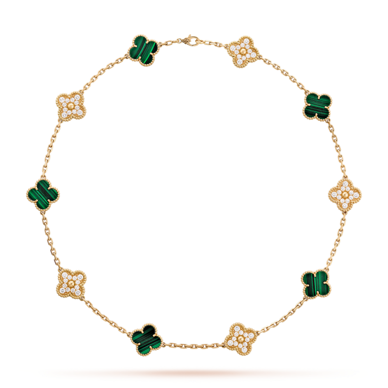 CLOVER 10 MOTIFS MALACHITE DIAMOND NECKLACE