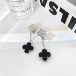 CLOVER 2 MOTIFS DIAMOND ONYX EARRINGS SILVER