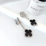 CLOVER 2 MOTIFS DIAMOND ONYX EARRINGS SILVER