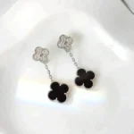 CLOVER 2 MOTIFS DIAMOND ONYX EARRINGS SILVER
