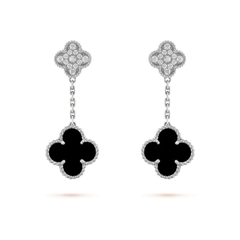 CLOVER 2 MOTIFS DIAMOND ONYX EARRINGS SILVER