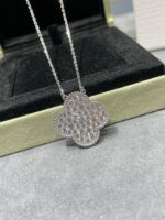 CLOVER 25MM LARGE PENDANT DIAMOND PAVED SILVER NECKLACE