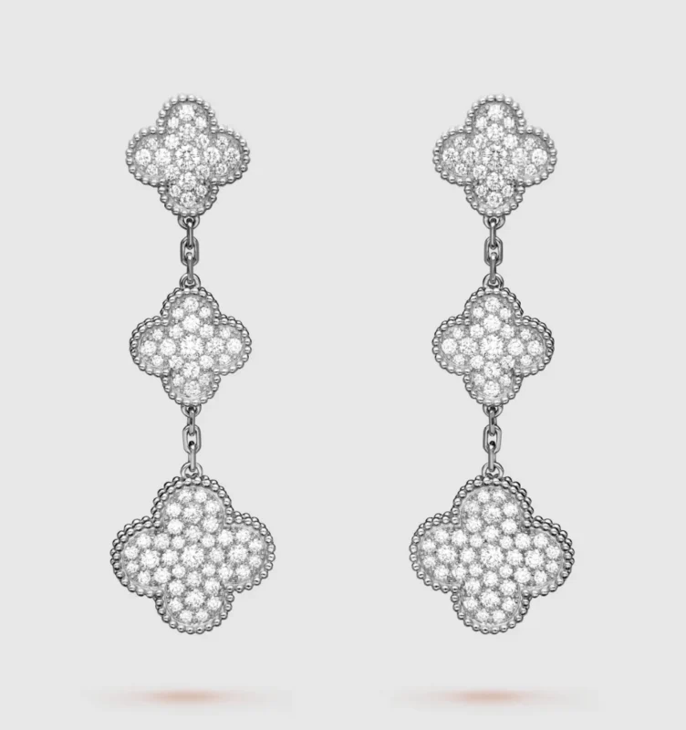 CLOVER 3 MOTIF DIAMOND SILVER DROP EARRINGS