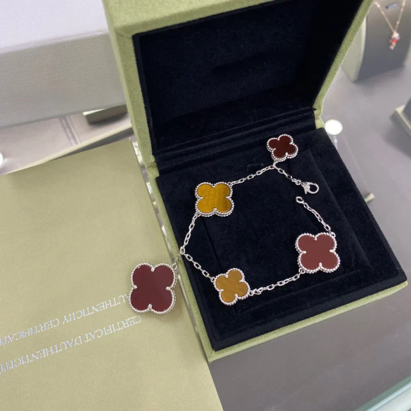 CLOVER BRACELET 5 MOTIFS CARNELIAN TIGER EYE