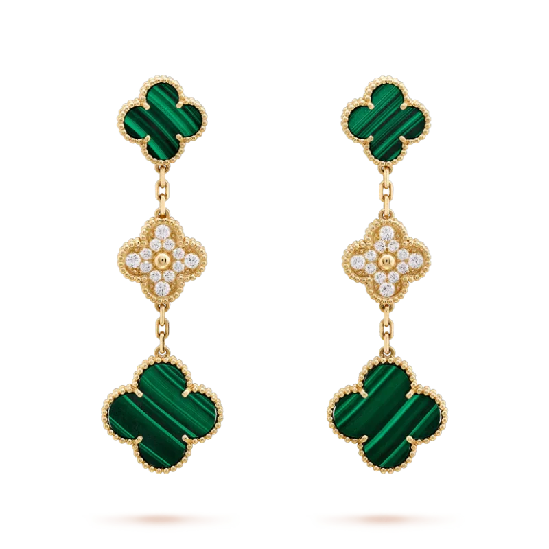 CLOVER EARRINGS GOLD MALACHITE DIAMOND 3 MOTIF