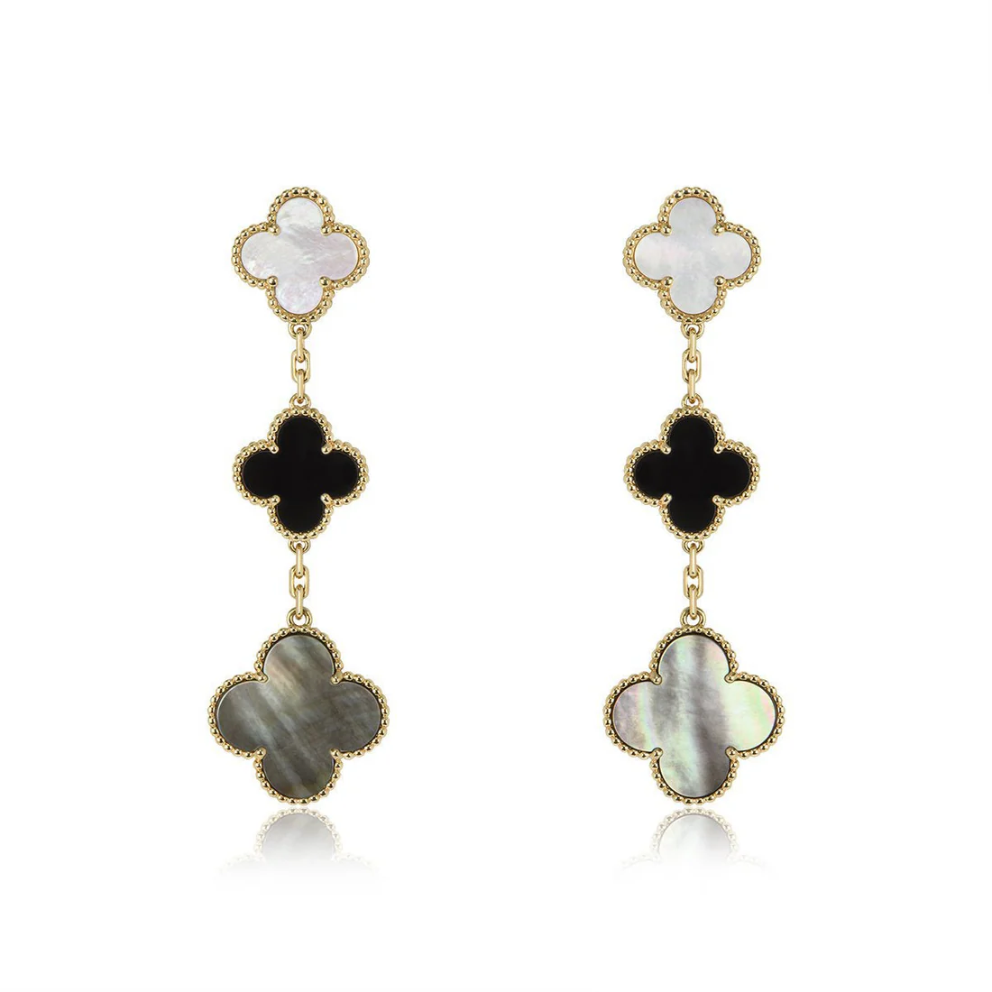 CLOVER EARRINGS GOLD ONYX MOP 3 MOTIF CLOVER EARRINGS GOLD ONYX MOP 3 MOTIF