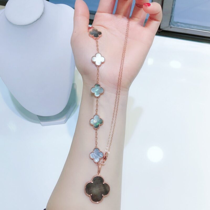 COMBINED BRACELET 5 MOTIFS AND NECKLACE DARK MOP ROSE GOLD