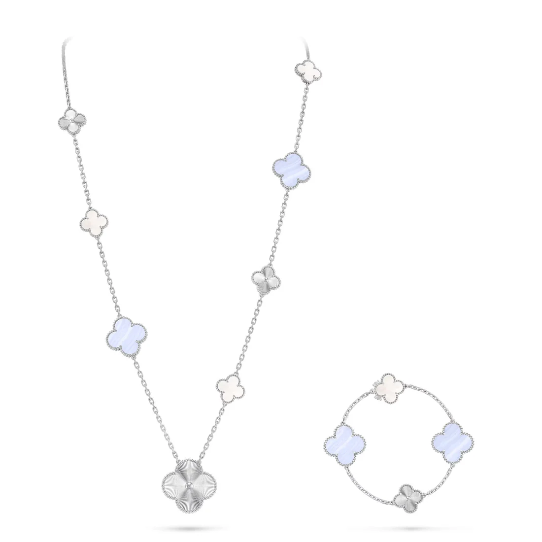 DETACHABLE CLOVER 15(11+4) FLOWER SILVER NECKLACE SET DETACHABLE CLOVER 15(11+4) FLOWER SILVER NECKLACE SET