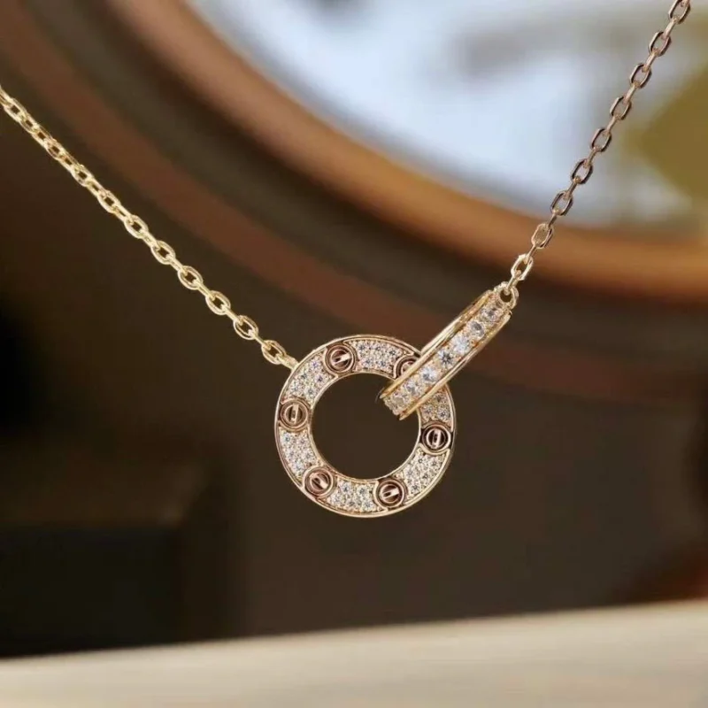 LOVE 7.6MM NECKLACE ROSE GOLD AND SILVER FULL DIAMOND